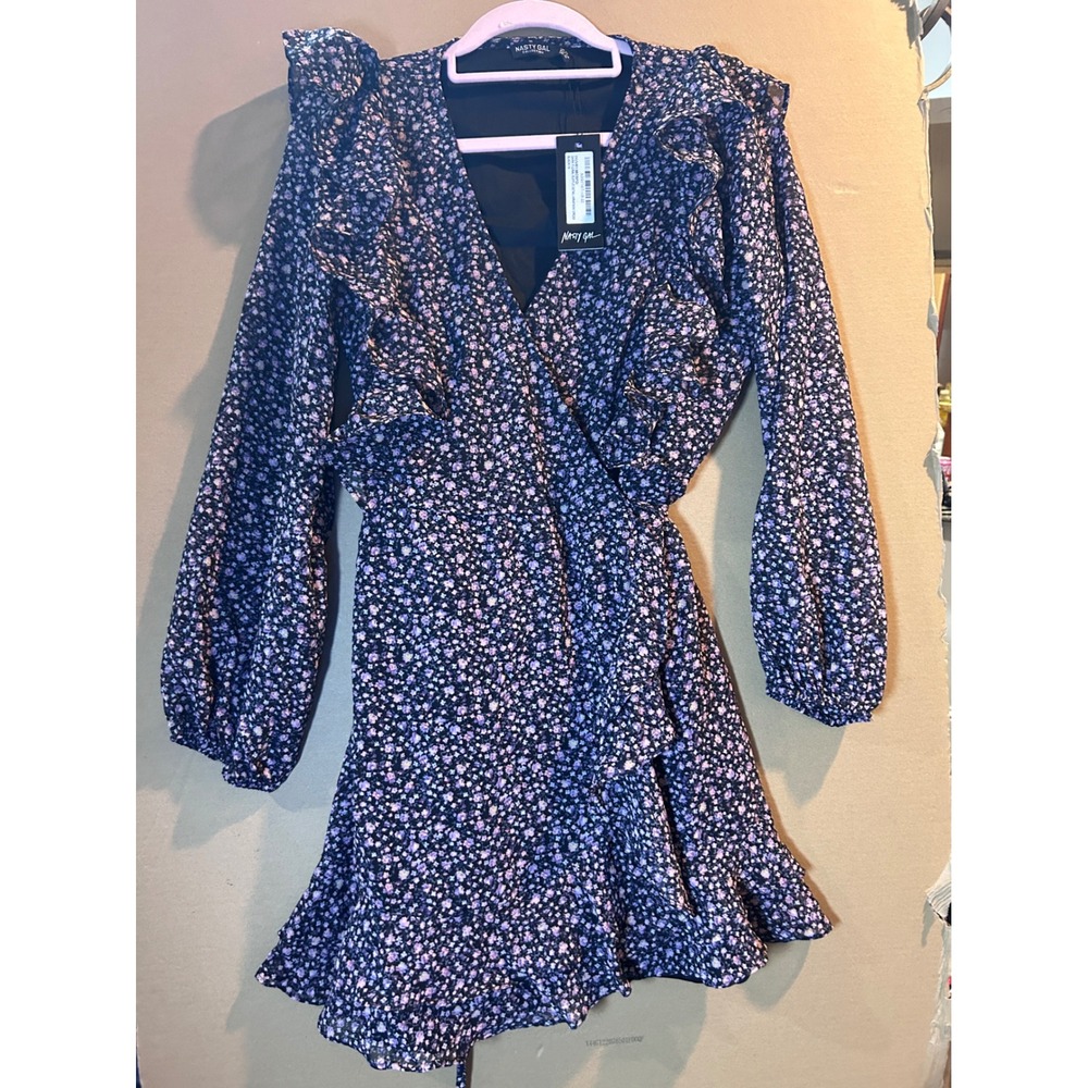 Nasty Gal Wrap Mini Dress Womens 10 Black Floral New Ruffle Balloon Sleeve
